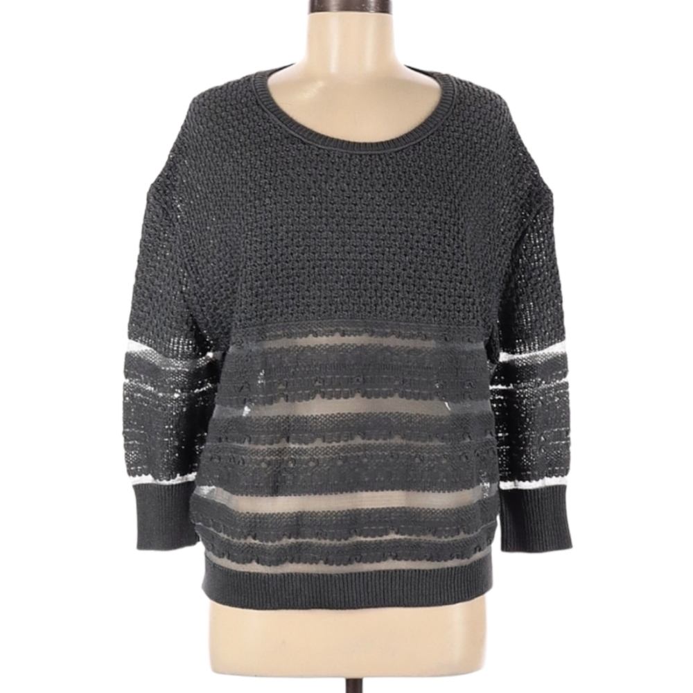 Inhabit Pullover Sweater Size M‎ Gray Sheer Striped Long Sleeve Textured Knit